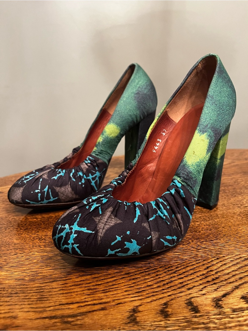Dries Van Noten Satin Tie Dye Ruched Chunky Block Heel Pumps 37